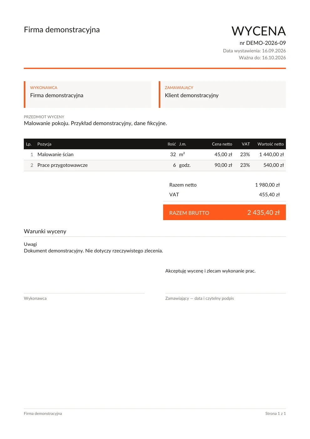 Przykładowy dokument: Z nagrania gotowa wycena (dane fikcyjne)